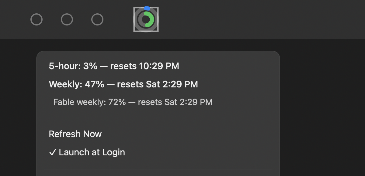 Claude Usage's menu bar icon showing two rings, next to its dropdown panel with exact percentages and reset times, including a separate Fable weekly figure